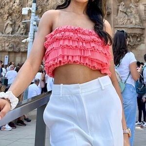 ZARA Chiffon Ruffled Bandeau Crop Top Large